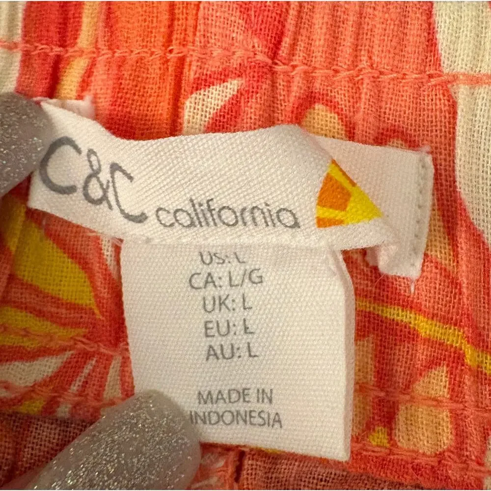 C&C of California Beachwear Coral Linen Wide Leg Pants L Elastic Tie Waist Boho
